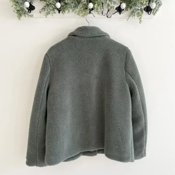 Rebecca Minkoff Sage Green Collared Snappedlong Sleeve Sherpa Fleece Size L - Picture 2 of 5